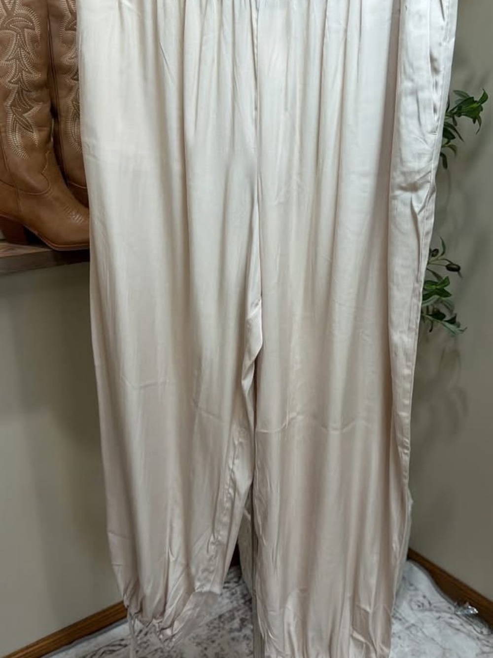 H&M Cream Satin Track Pants with Drawstring Waist